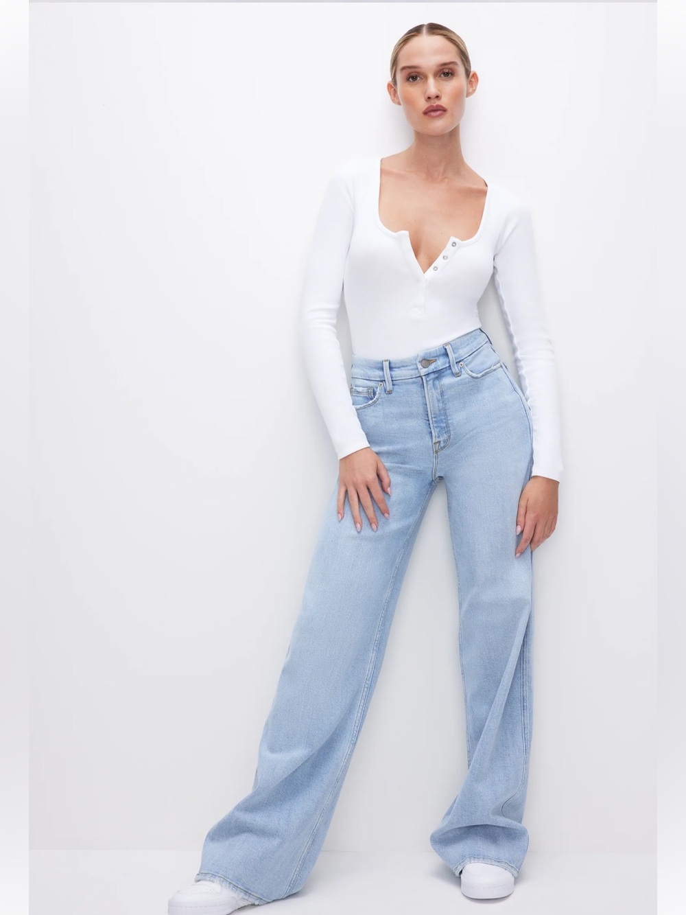 Good American Good Skate Jeans Sz 6/28 High Rise Wide Leg Denim Light Blue Wash